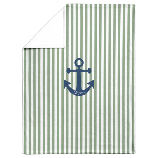 Personalized Pet Blanket, Nautical Anchor, Green and White Stripes