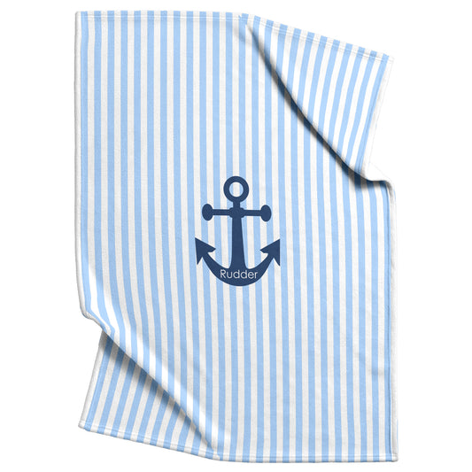 Blue and white striped fleece pet blanket with an anchor design and personalized text.