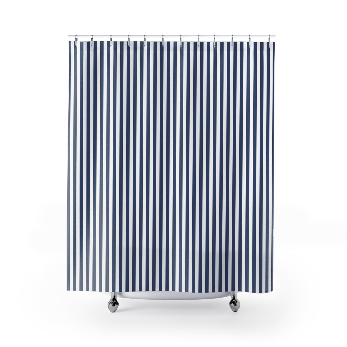 Striped shower curtain with blue and white vertical stripes on a white background