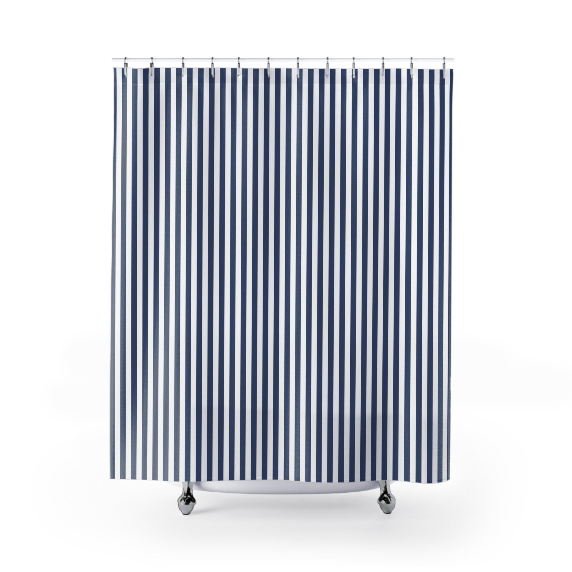Striped shower curtain with blue and white vertical stripes on a white background