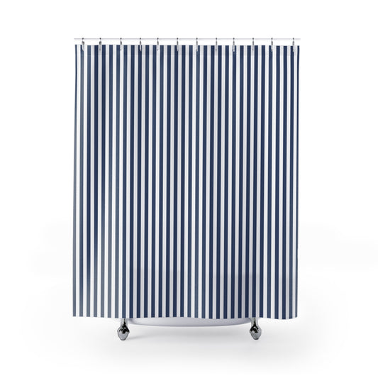Striped shower curtain with blue and white vertical stripes on a white background