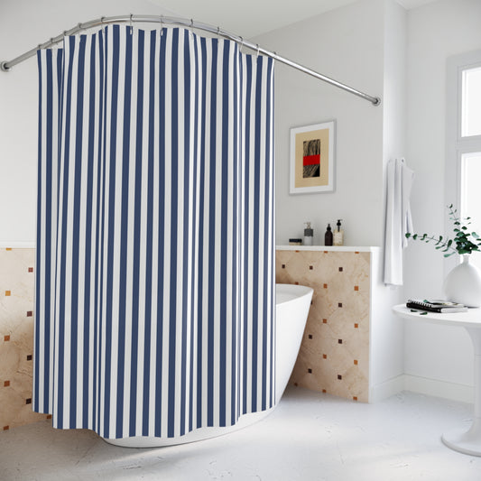 Canopy Stripe Shower Curtain, Navy Blue and White