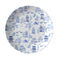 Blue chinoiserie toile pattern of pagodas and trees printed on white plate