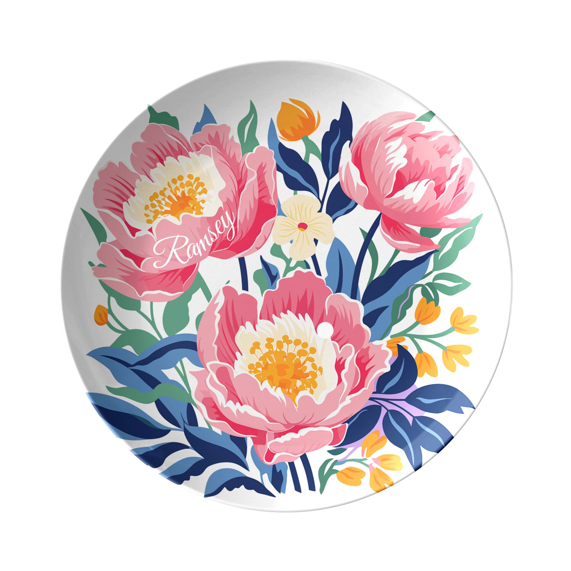 Peony floral design on round plate with custom name on white background