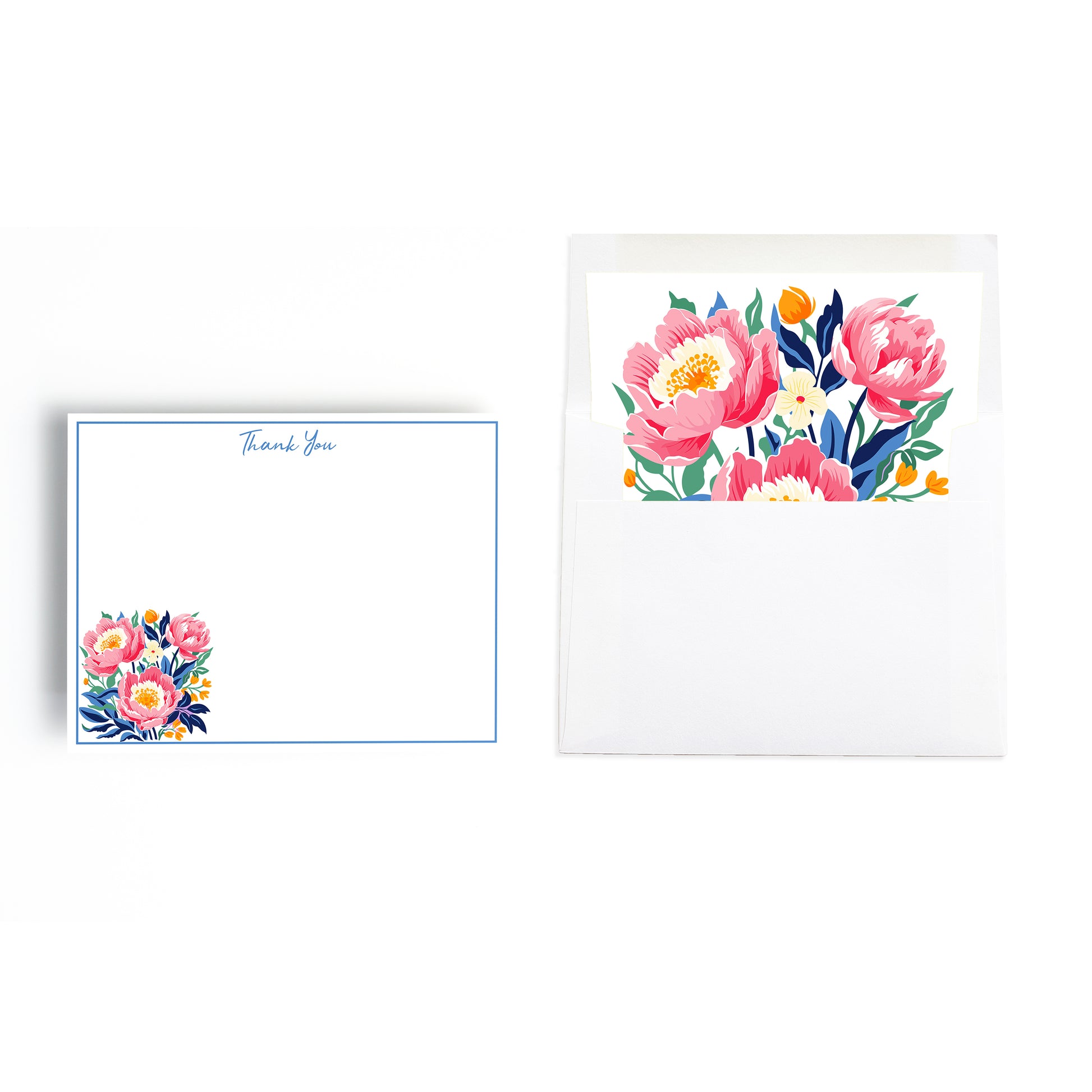 Floral notecard and matching lined envelope with pink peonies and custom text