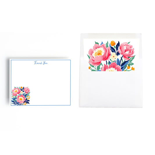 Floral notecard and matching lined envelope with pink peonies and custom text