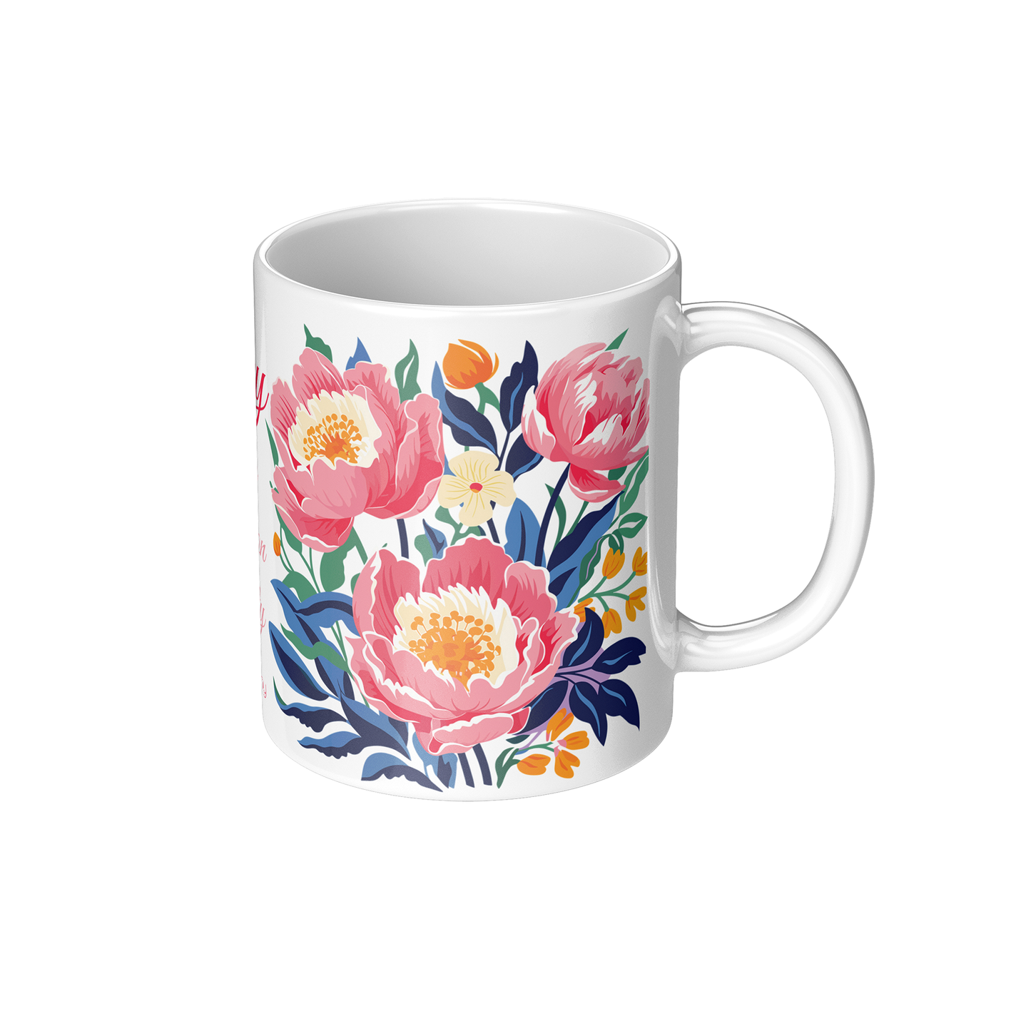 White ceramic mug with peony floral design on a white background