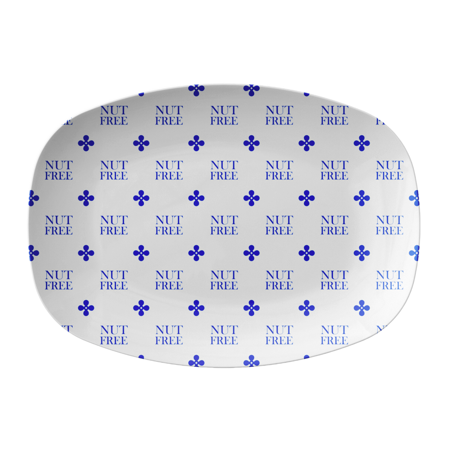Nut Free labeled serving platter features nut free text in blue on white.