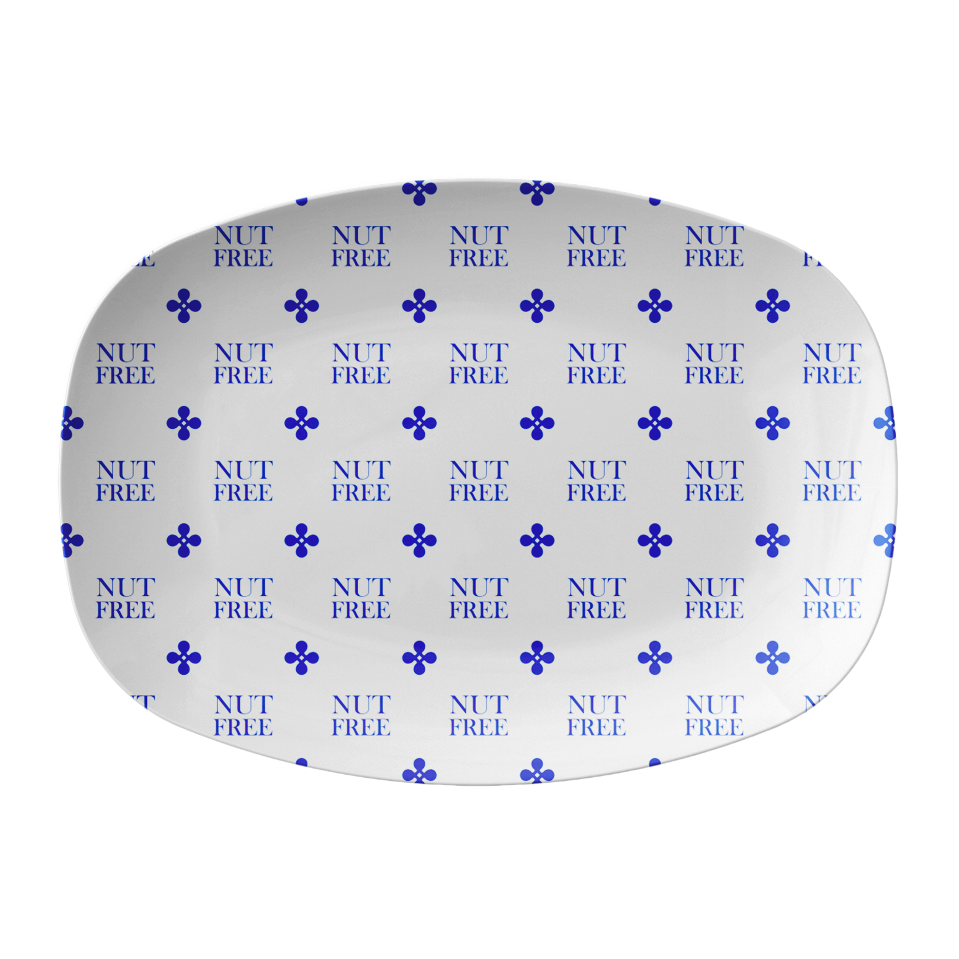 Nut Free labeled serving platter features nut free text in blue on white.