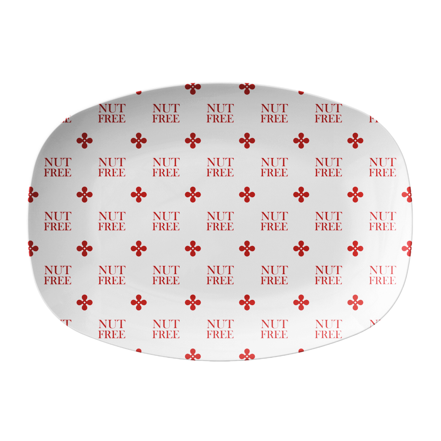 White oval serving platter labeled Nut Free in red to alert allergy friendly.