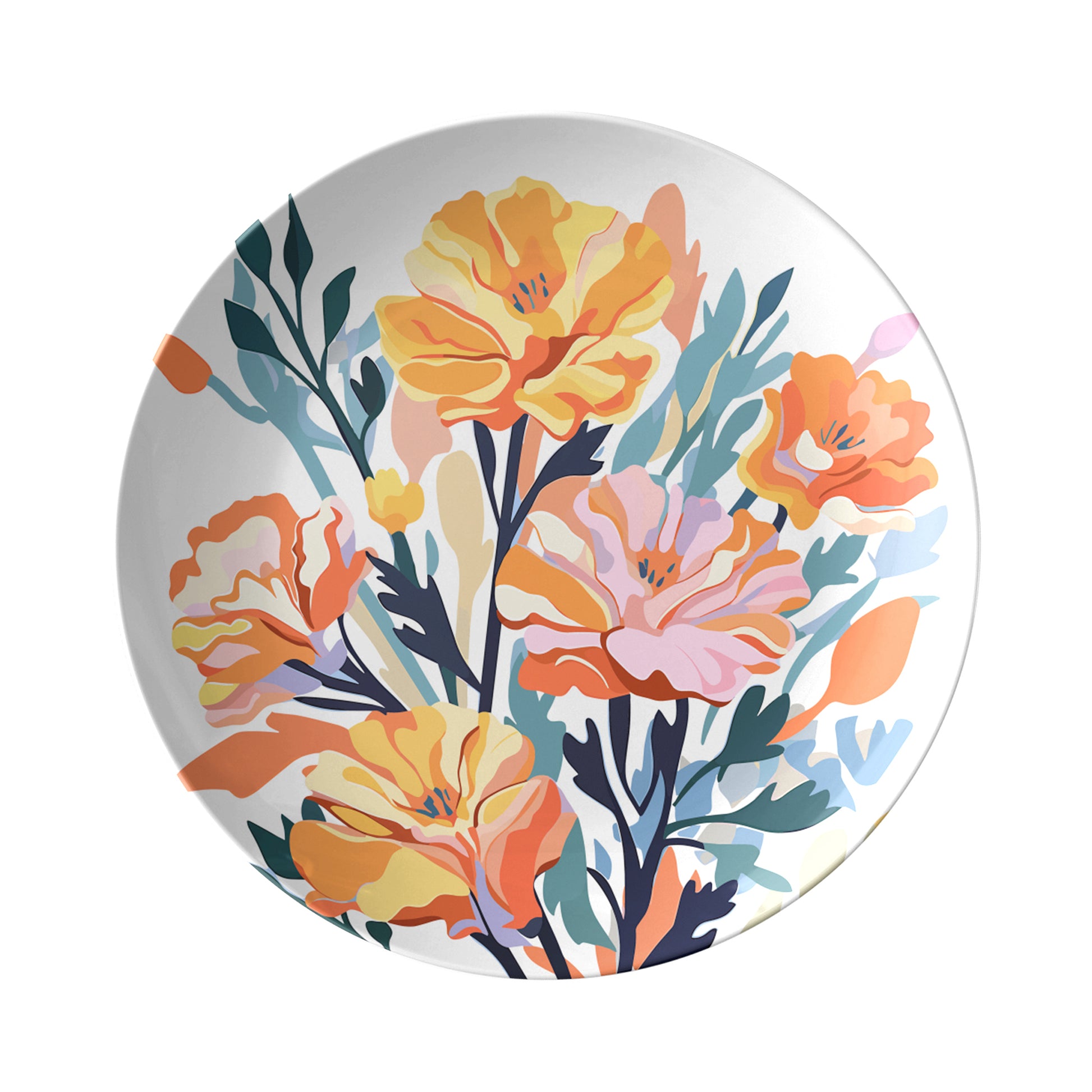 Round plate with colorful marigold floral design on a white background