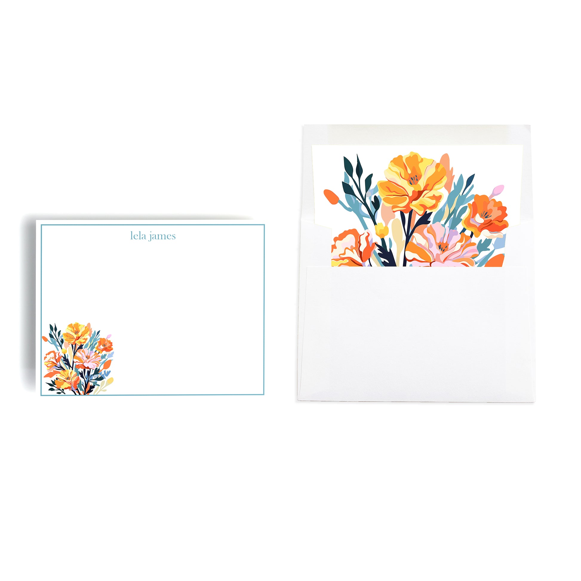 Personalized birth month flower notecard set with marigold print and lined envelope