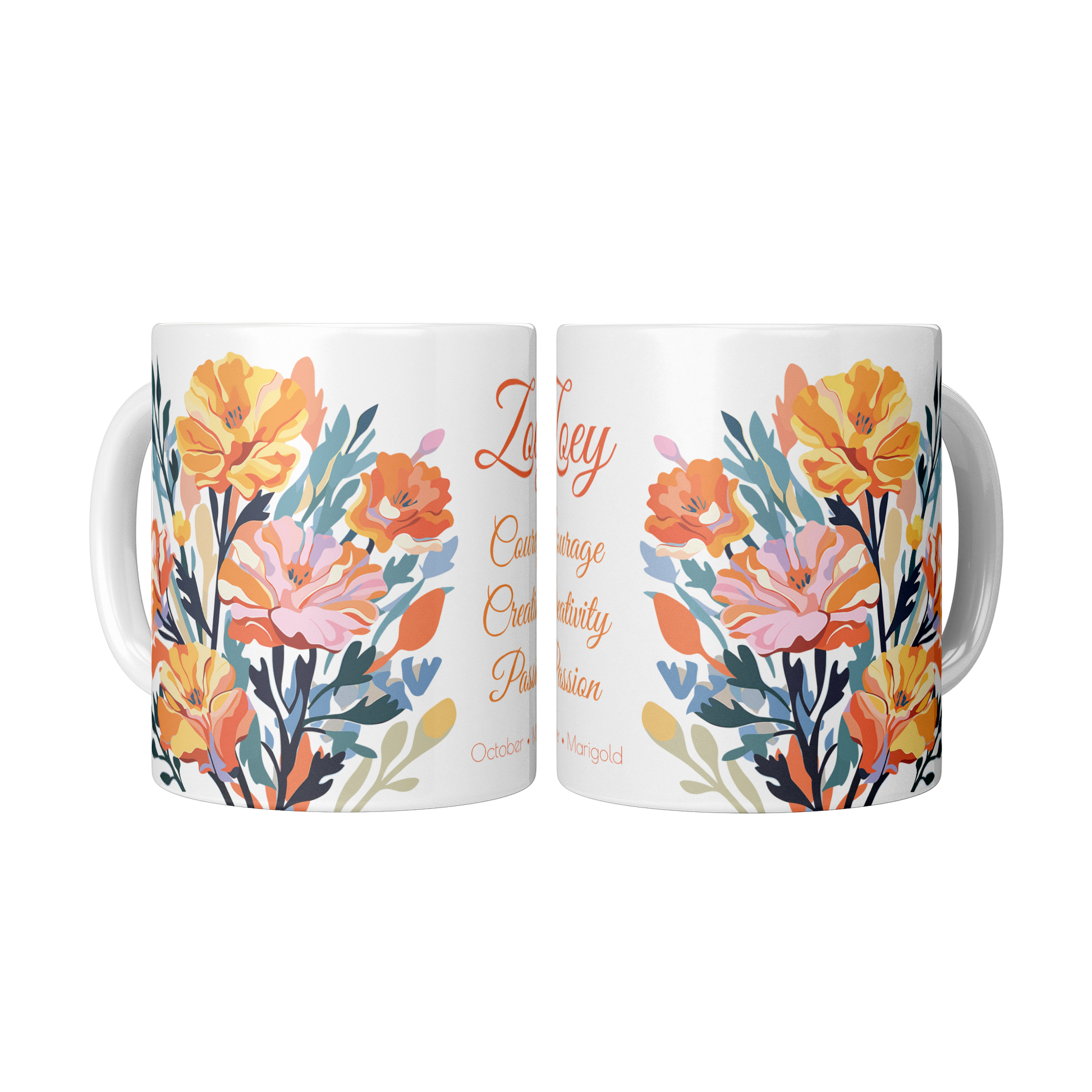 Two floral coffee mugs with colorful flower designs on a white background
