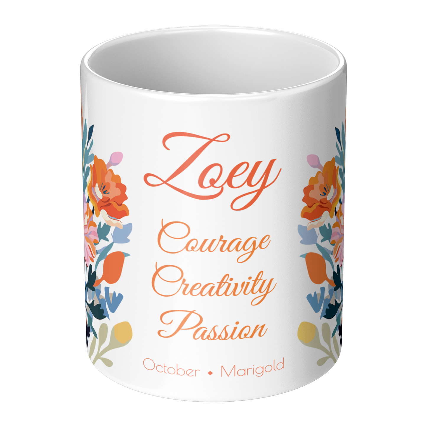 White mug with floral design and text on a white background