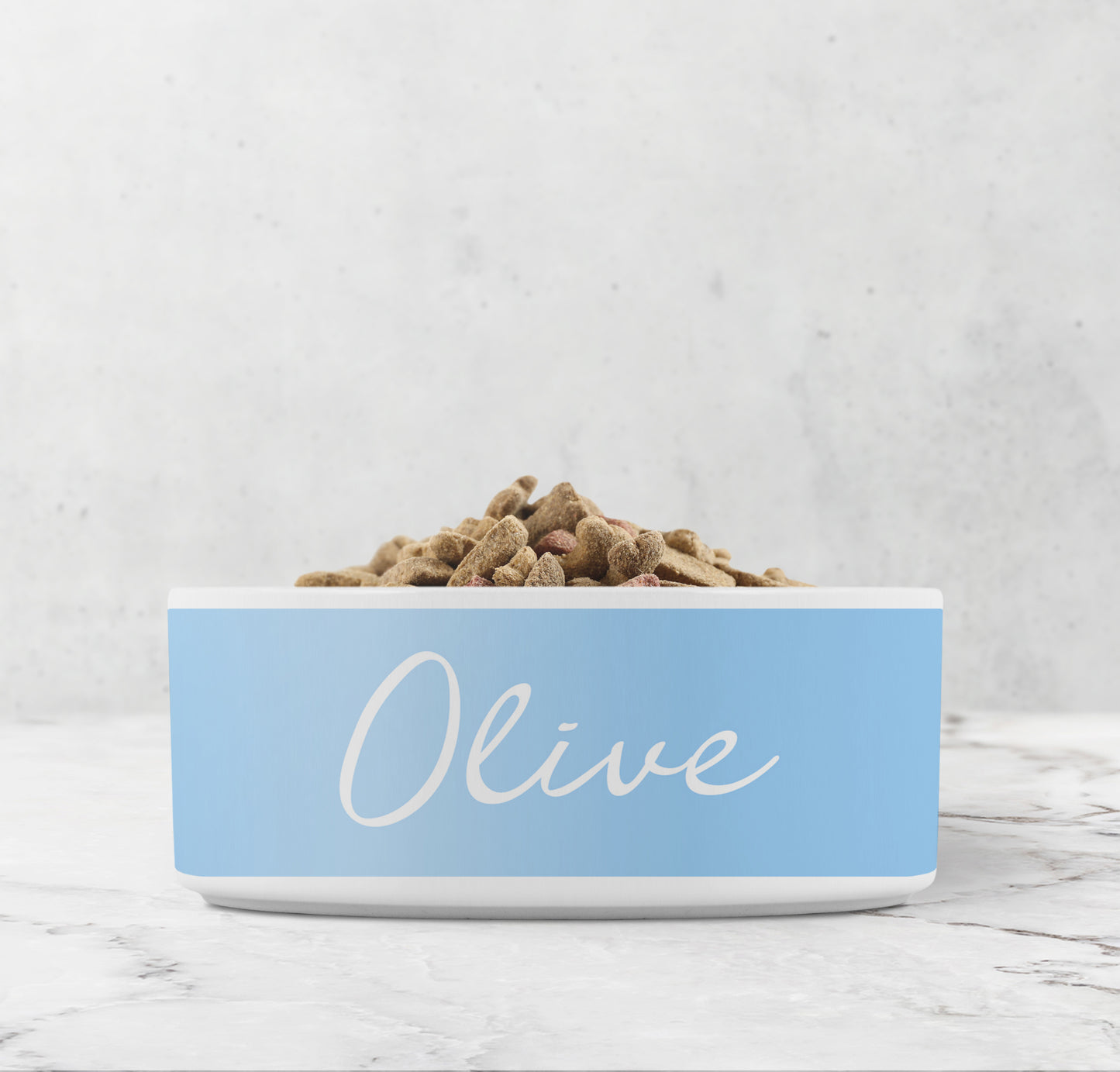 Personalized dog bowl in baby blue and white.
