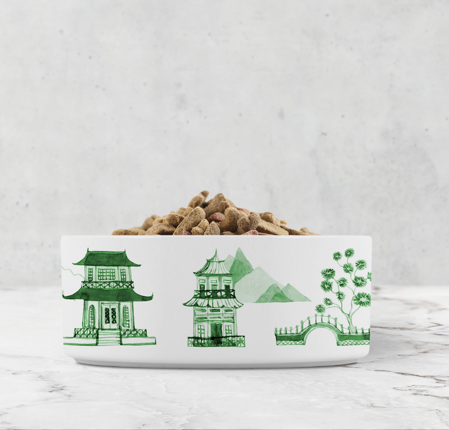 Chinoiserie Pet Bowl in Green and White made from ceramic