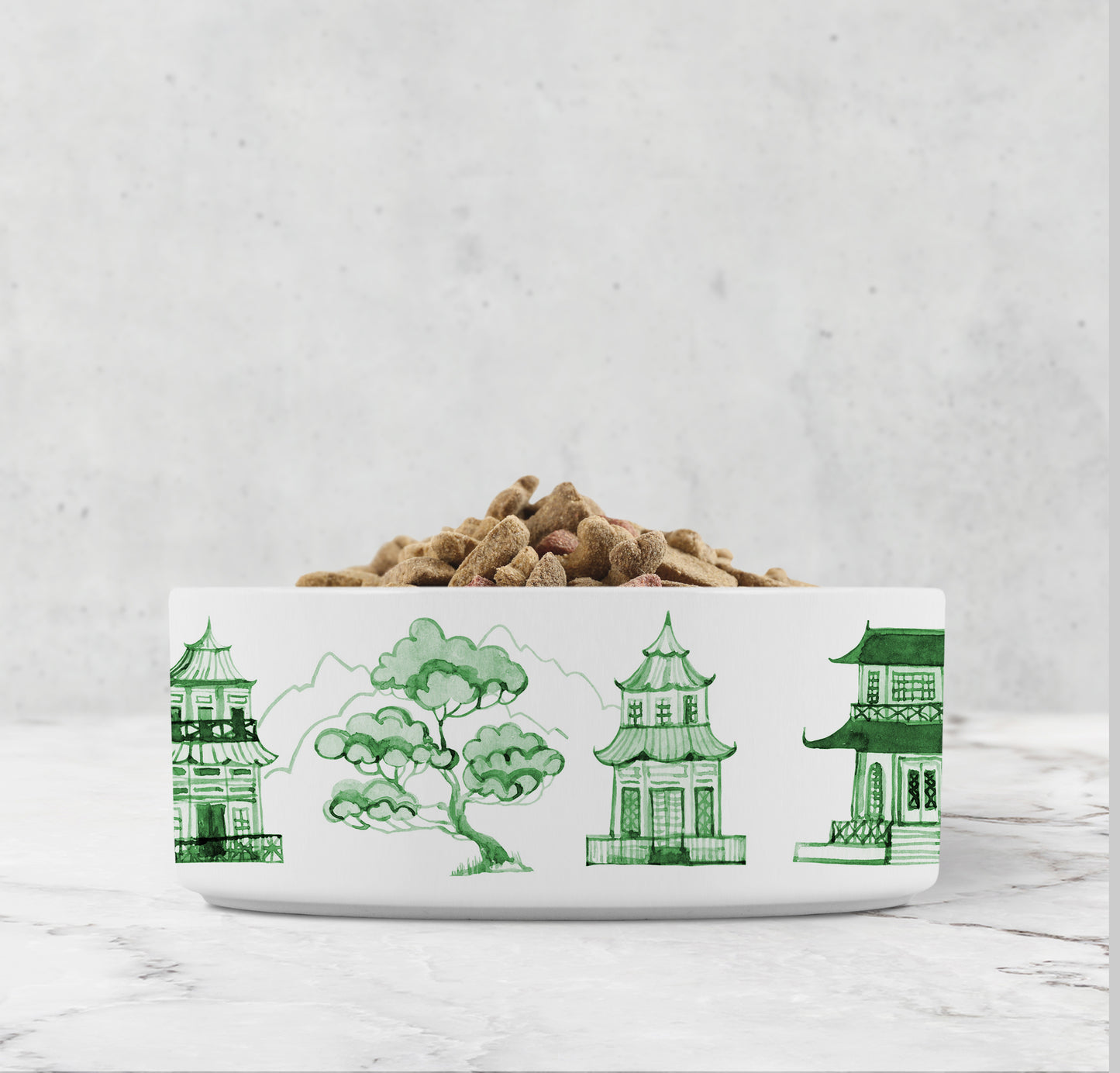 Chinoiserie Pet Bowl, Pagoda Print, Ceramic, Green and White
