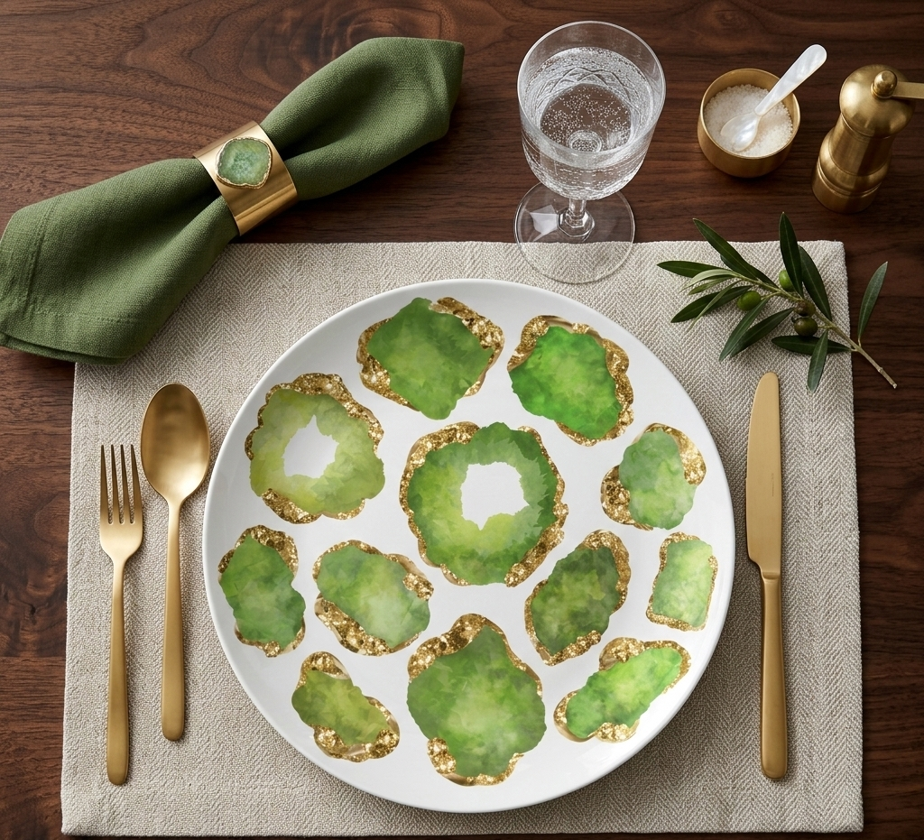 Luxury Peridot & Gold Gemstone Plastic Plates – Choose Single or Set