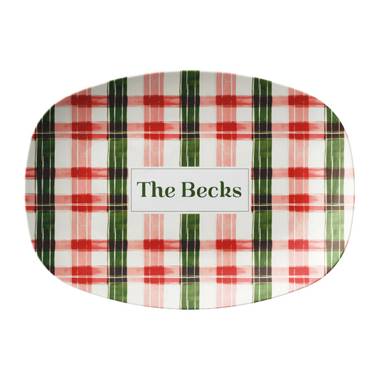 Christmas Tartan Plaid patterned platter with custom text on a white background