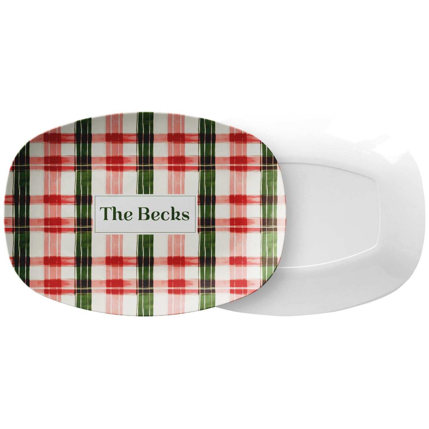 Personalized Christmas Serving Platter – Modern Tartan, Green, Red & Pink, Luxury Plastic