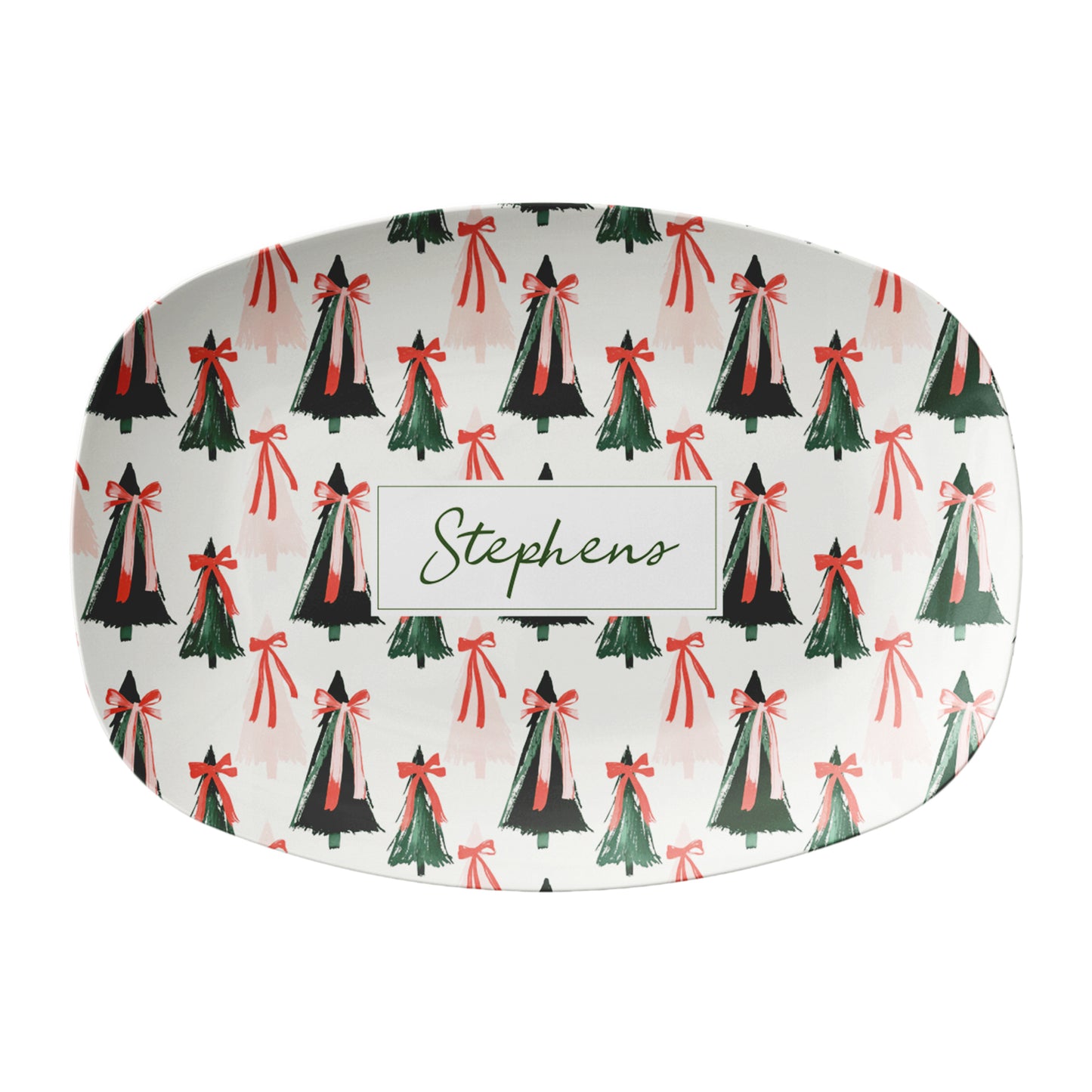 Serving platter tray with Christmas tree and bow pattern on a white background with custom text at cwenter