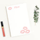 Personalized notepad stationery with flirty light pink lipstick kiss prints and custom name