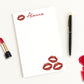 Red lipstick kiss print white notepad personalized with any text.