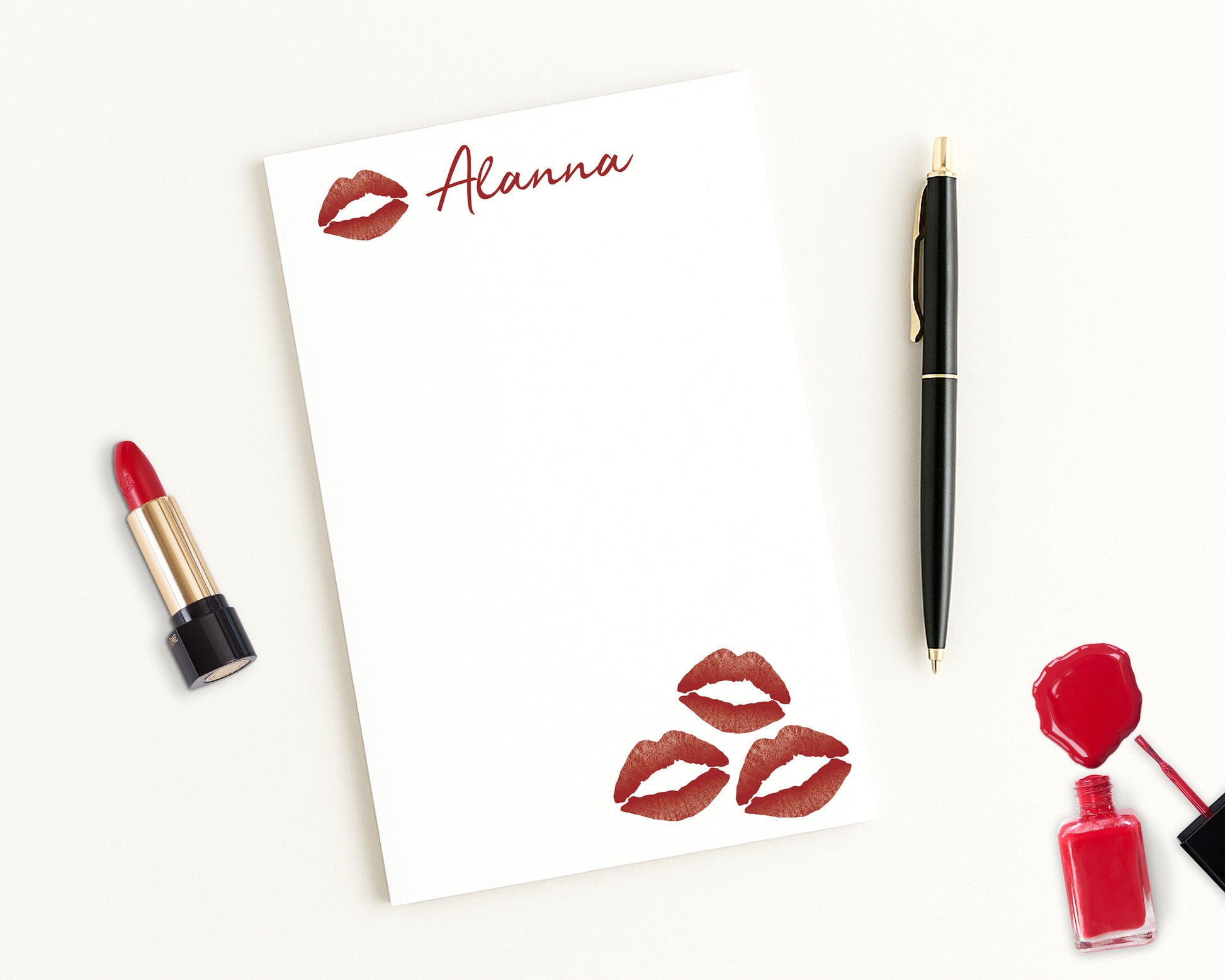 Red lipstick kiss print white notepad personalized with any text.