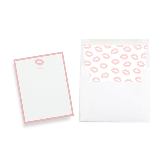 Two stationery items with pink lip prints on a white background, custom name notecard