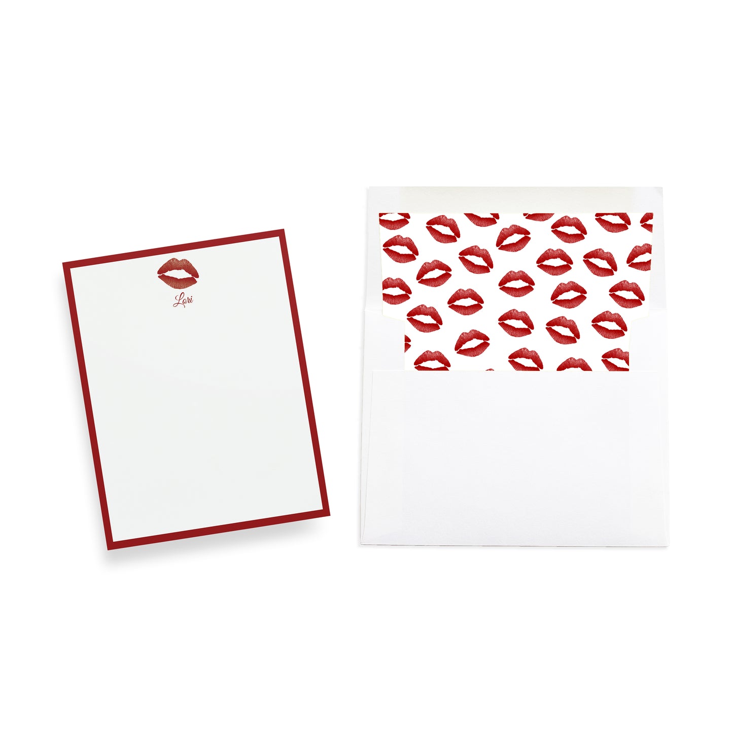 Two stationery items with a red lip prints and custom text or name on a white background