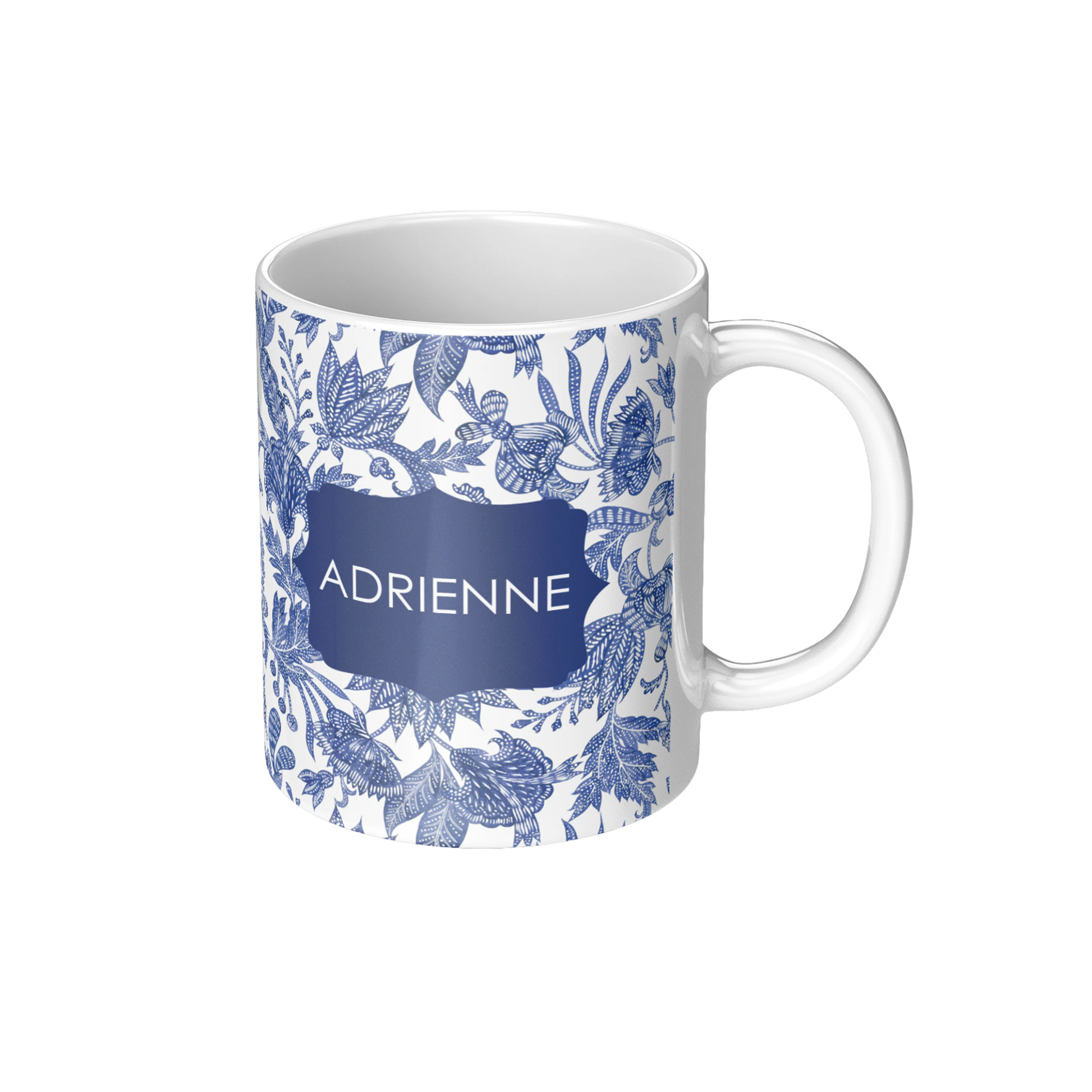Blue and white floral batik coffee mug personalized with any name or iniials.