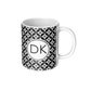 Personalized coffee mug with mid century modern pattern in black  white and gray and custom monogram lettering.