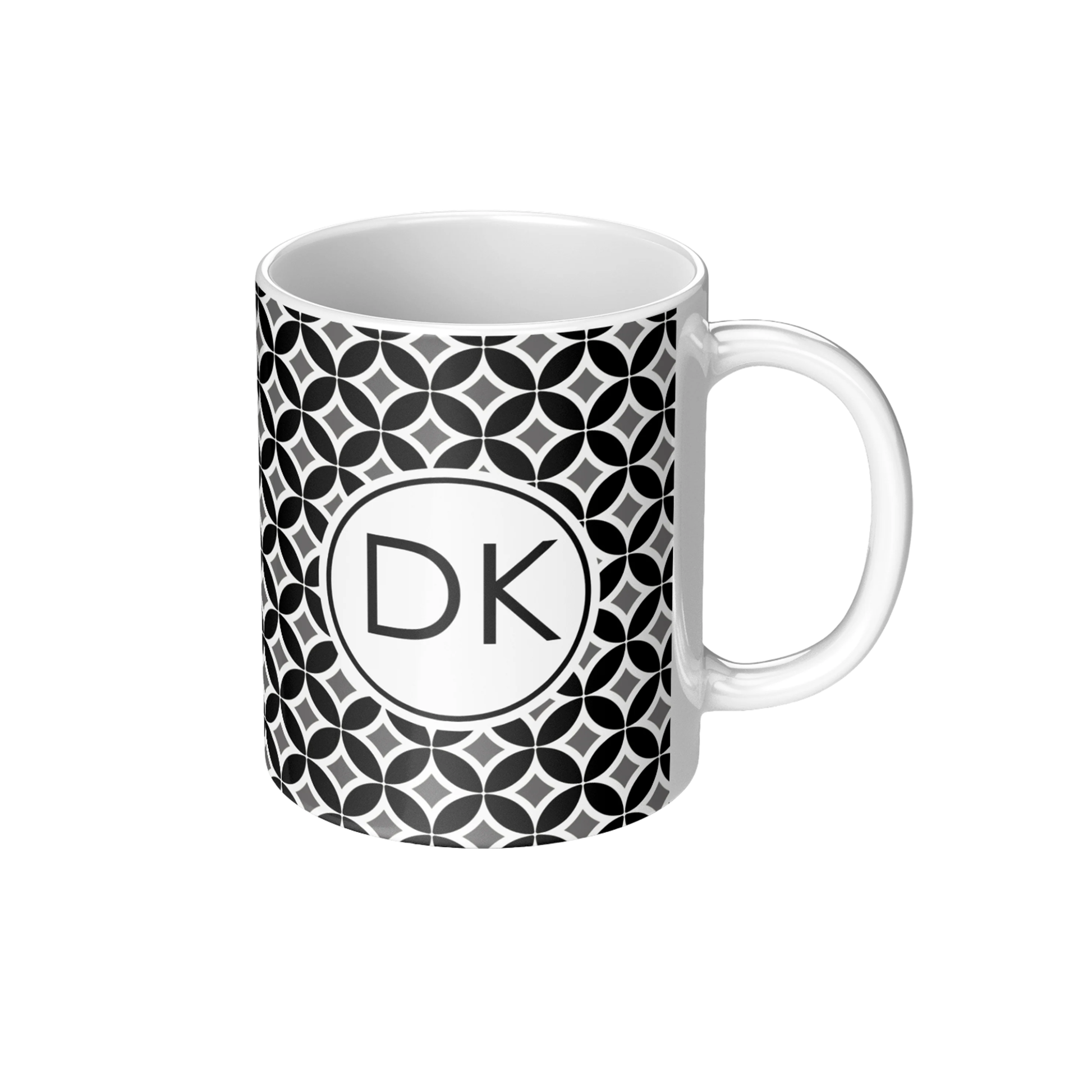 Personalized coffee mug with mid century modern pattern in black  white and gray and custom monogram lettering.