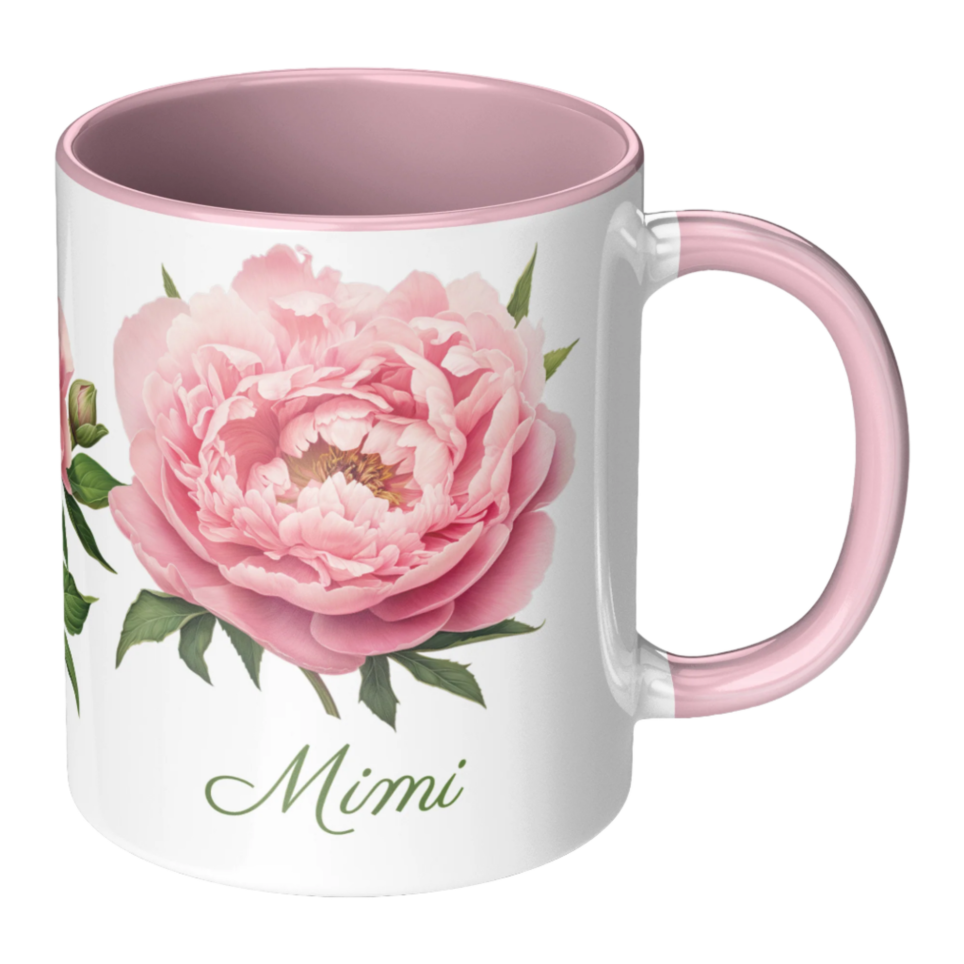 Personalized Coffee Mug with Pink Peony Flowers and Custom Name