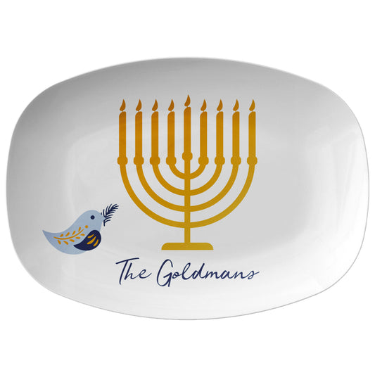 Personalized Hanukkah themed serving platter features a golden menorah and blue dove. Luxury plastic serveware.