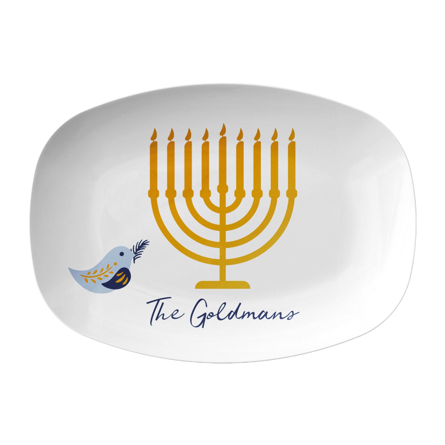 Personalized Hanukkah themed serving platter features a golden menorah and blue dove. Luxury plastic serveware.