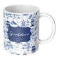 Personalized Coffee Mug, Chinoiserie Toile Print, Blue & White
