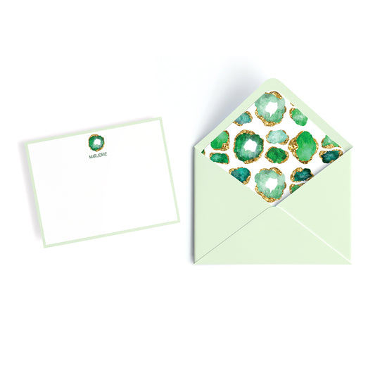 Custom personalized  emerald geode birthstone print notecards with matching pistachio green envelope with decorative interior 