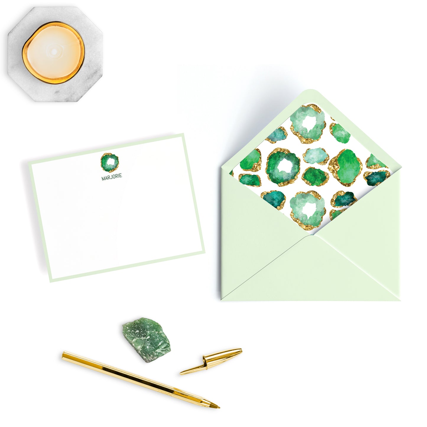 Personalized Gemstone Notecards – Custom Stationery Set, Emerald Geode