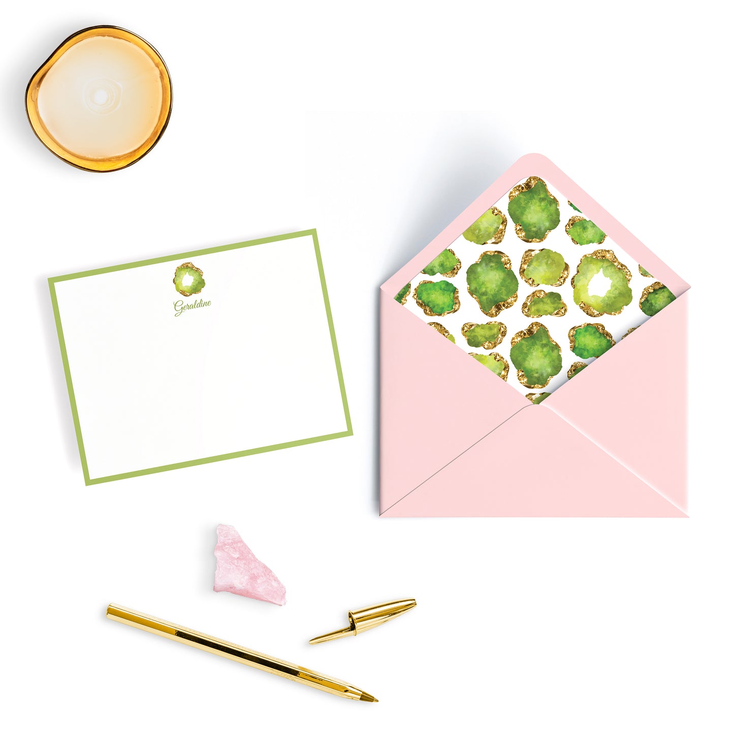 Personalized Gemstone Notecards – Custom Stationery Set, Peridot Geode