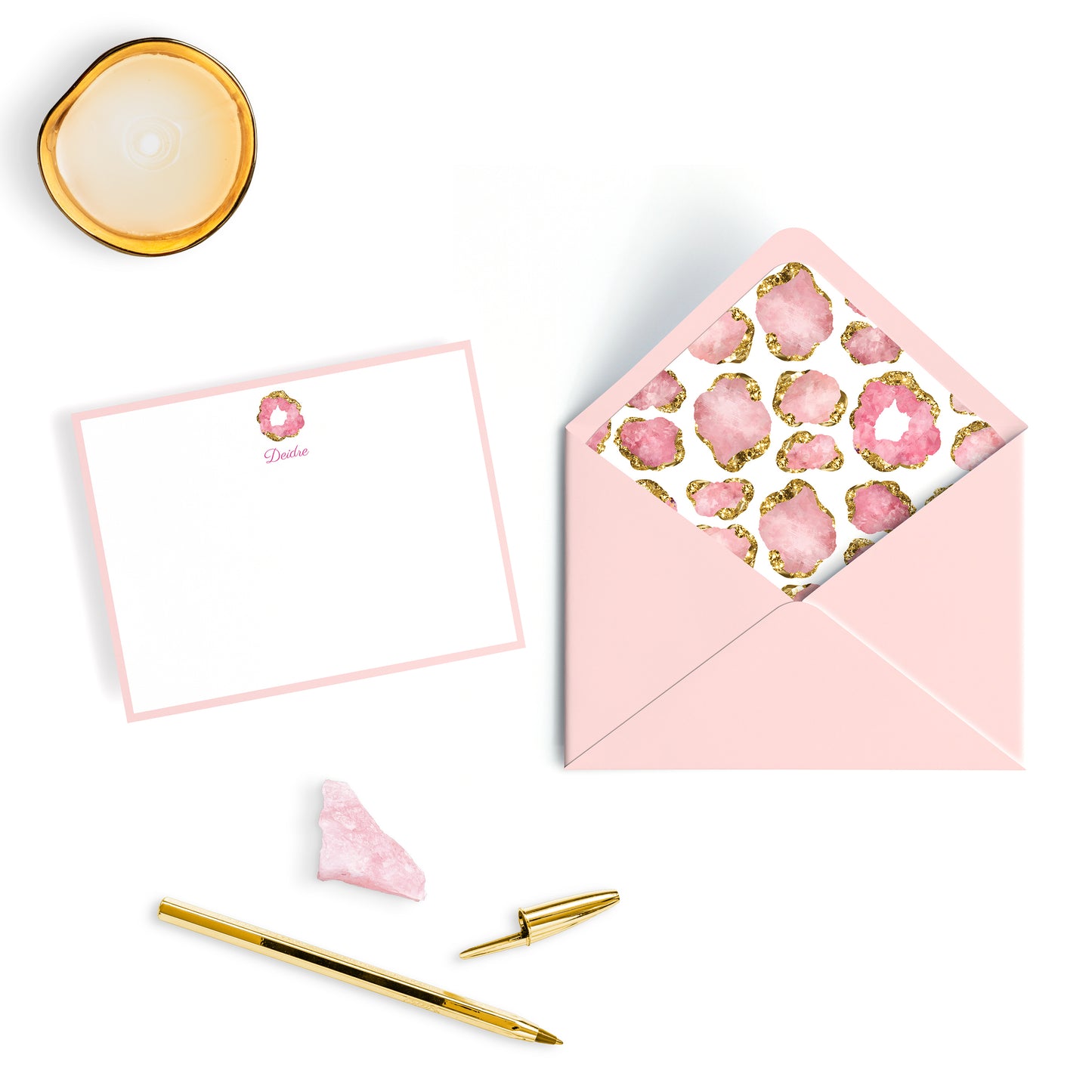 Personalized Gemstone Notecards – Custom Stationery Set, Rose Quartz Geode