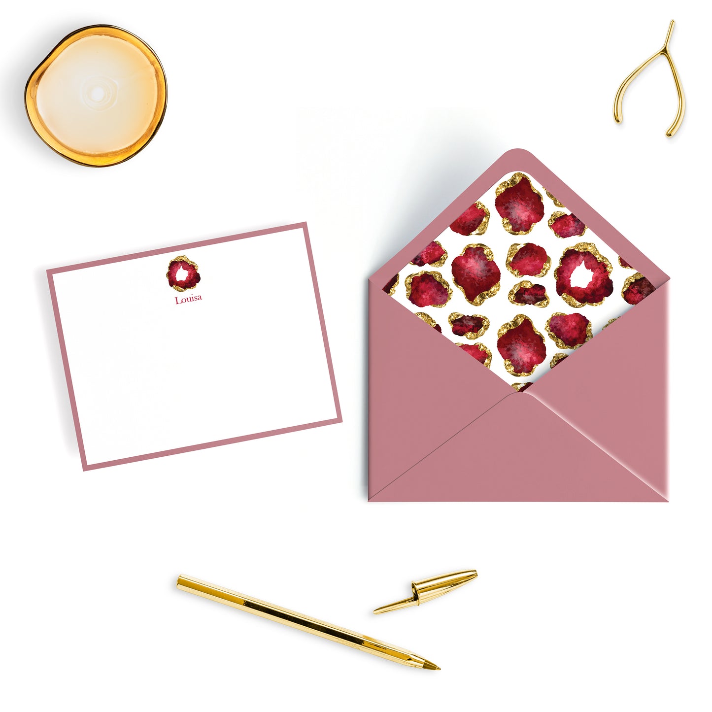 Personalized Gemstone Notecards – Custom Stationery Set, Ruby Geode