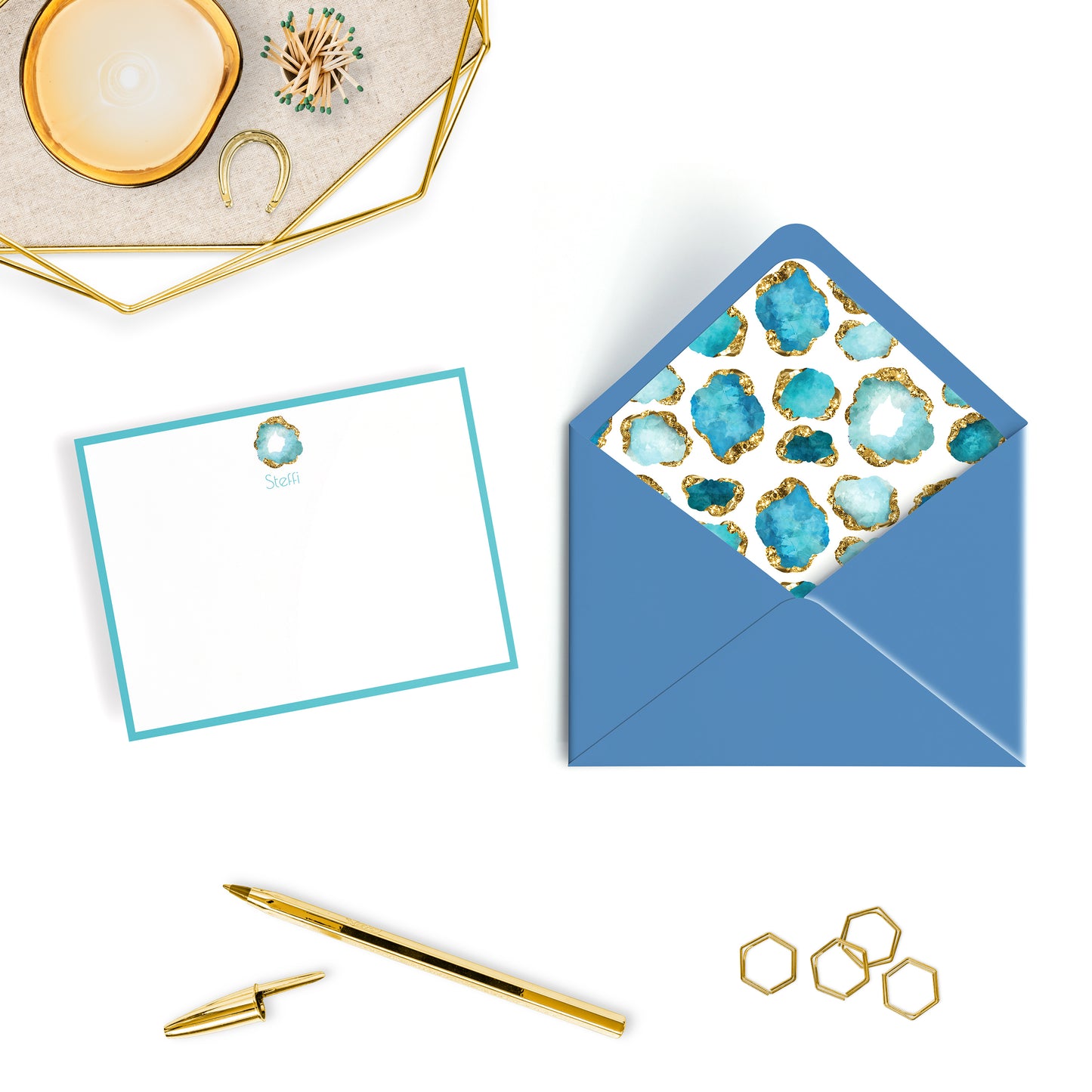 Personalized Gemstone Notecards – Custom Stationery Set, Aquamarine Geode