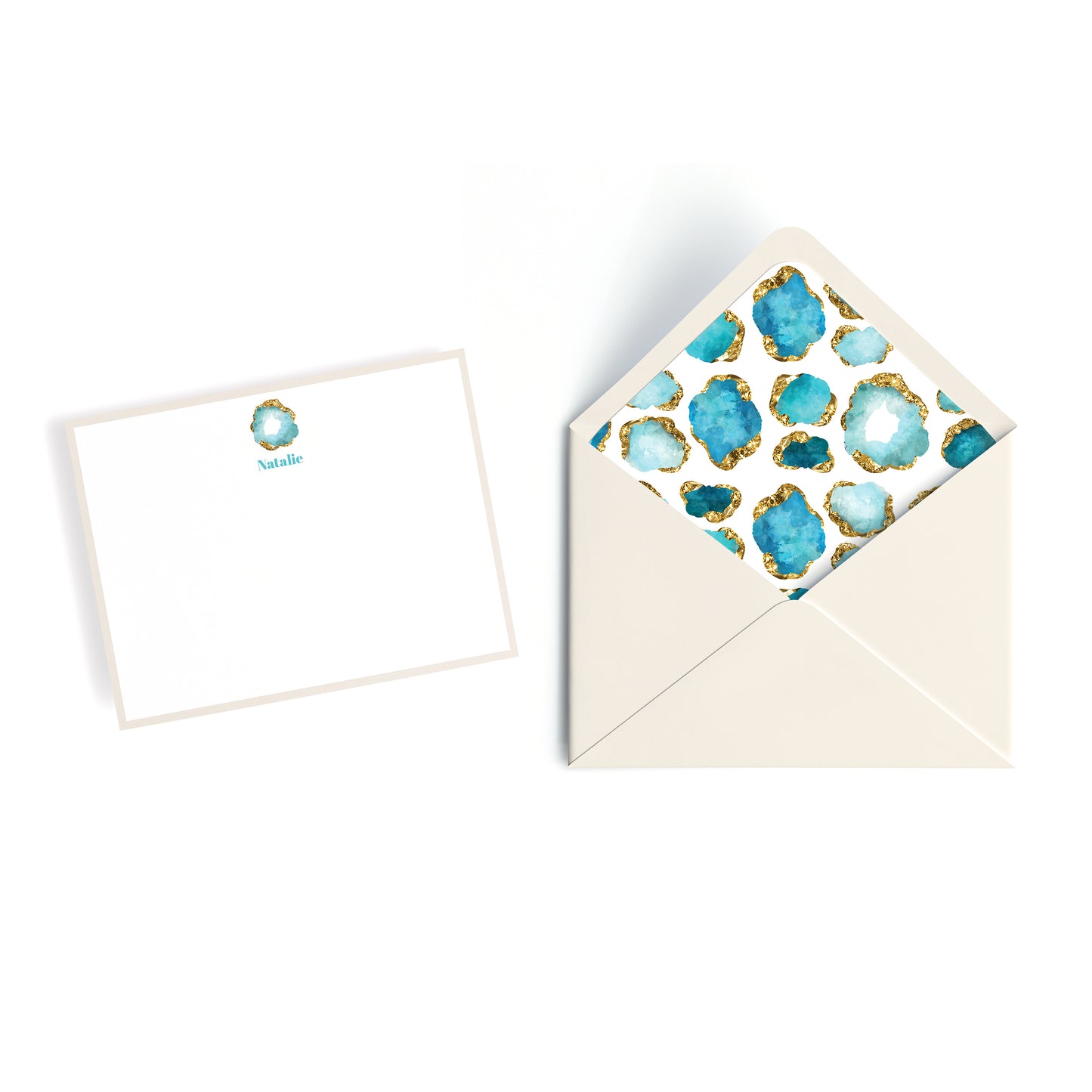 Luxury Personalized Aquamarine Geode Gemstone Notecards – Custom Stationery Set, Champagne
