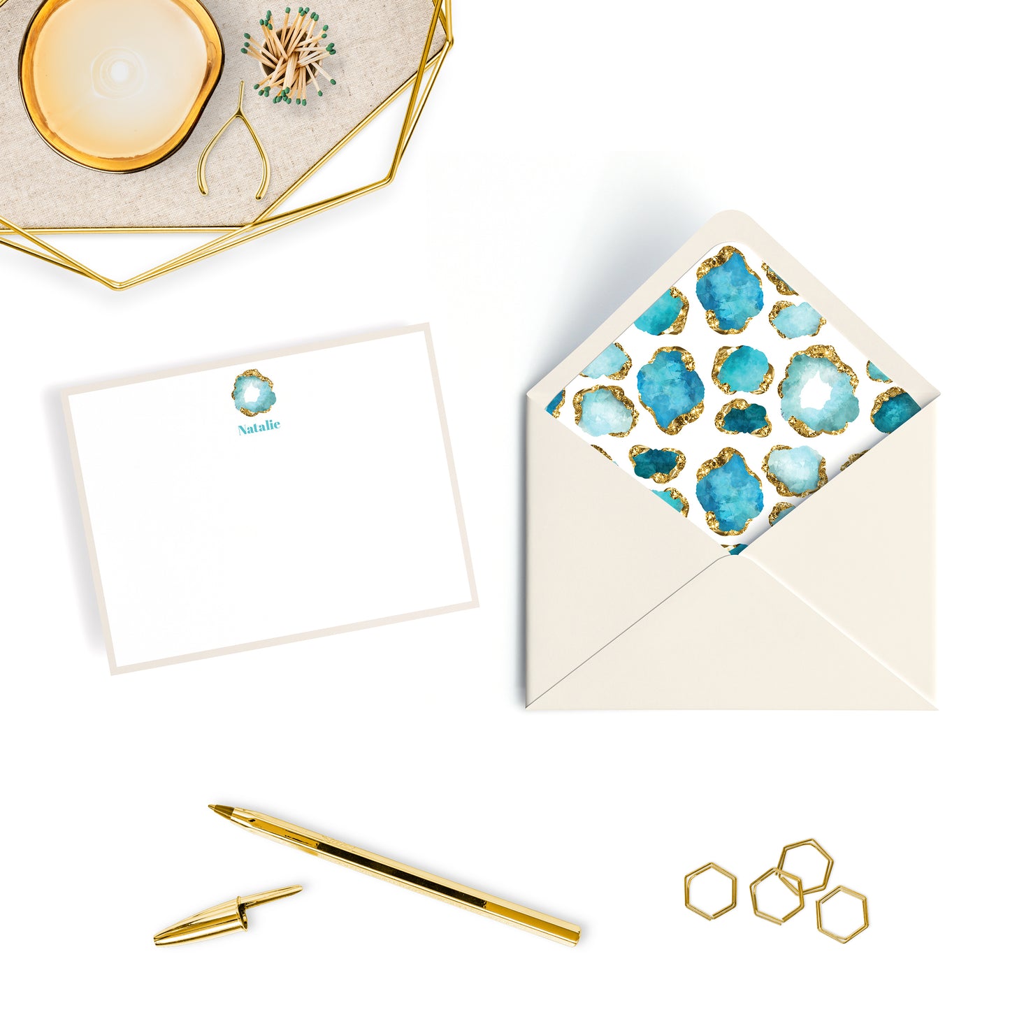 Personalized Gemstone Notecards – Custom Stationery Set, Aquamarine Geode