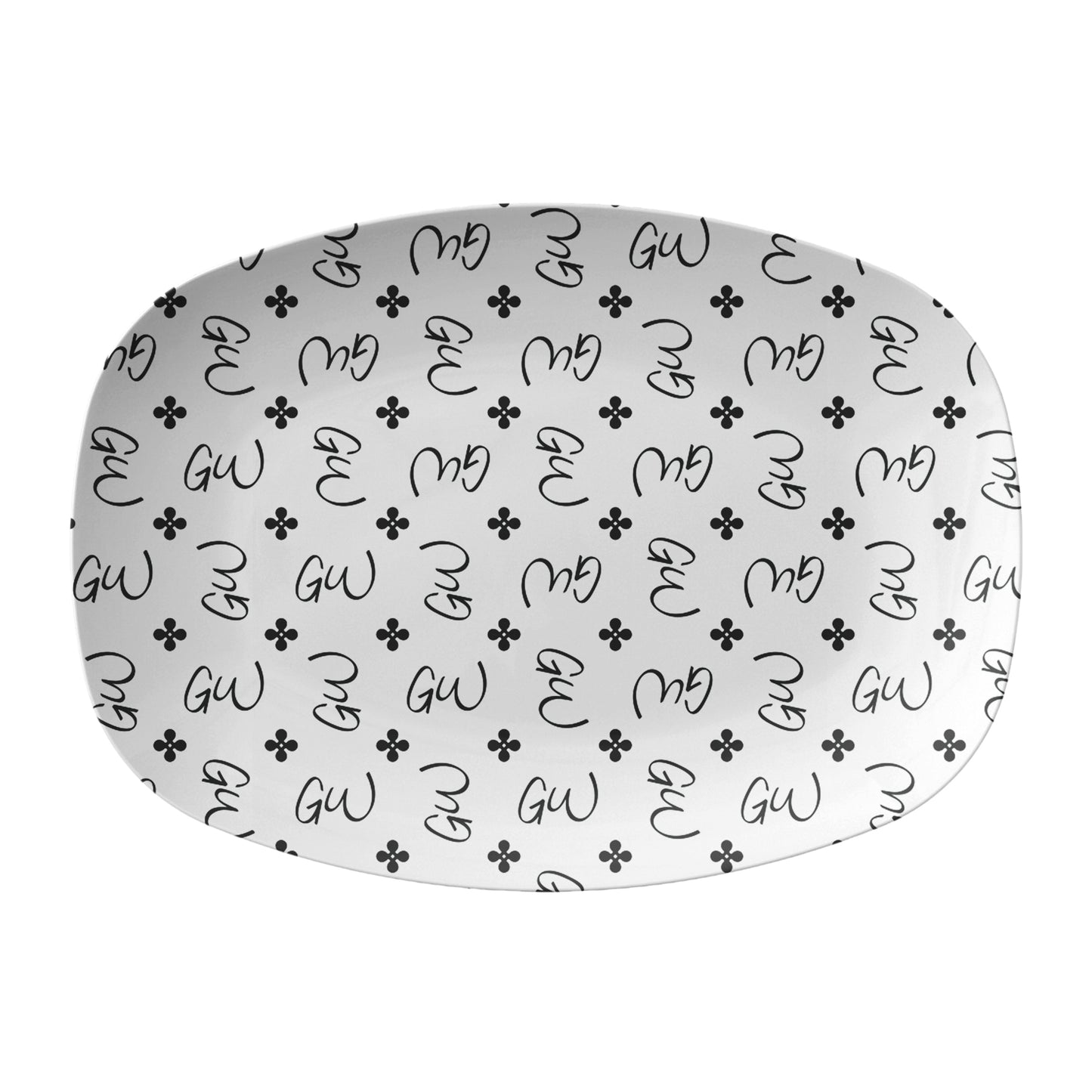 Personalized White and Black Stylized Monogrammed Platter features customized initials set in a repeating pattern accented with a stylish motif for an all-over, unique design.