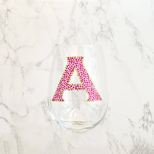 Personalized Wine Glass with Hand Painted Monogram Initial in Pink & Gold, One of a Kind Handmade Gift
