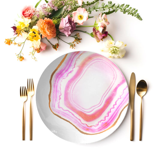 Agate Gemstone Print Plastic Plate 10", Pink & White, Set of 4