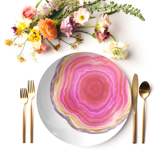 Agate Print Plastic Plate 10", Set of 4, Fuchsia Pink & White