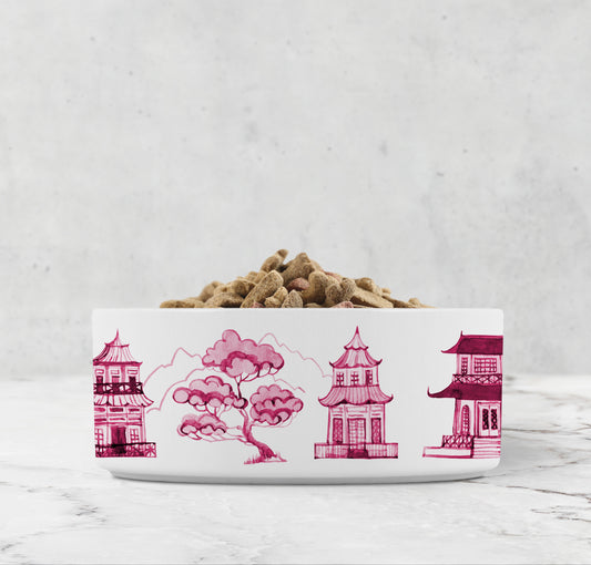 Pink chinoiserie dog bowl in large or small, made from ceramic.